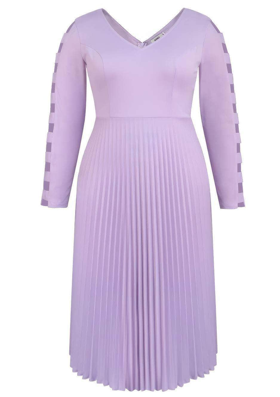 V-Neck Long Sleeves Cut-Out Pleated Hem Dress