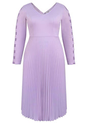 V-Neck Long Sleeves Cut-Out Pleated Hem Dress