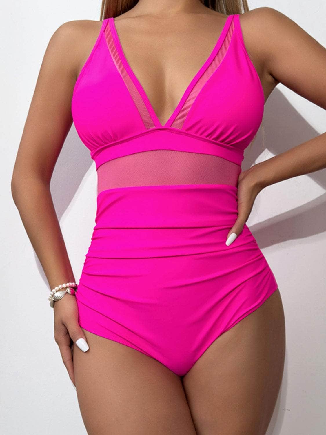 V-Neck One-Piece Swimwear Hot Pink / S