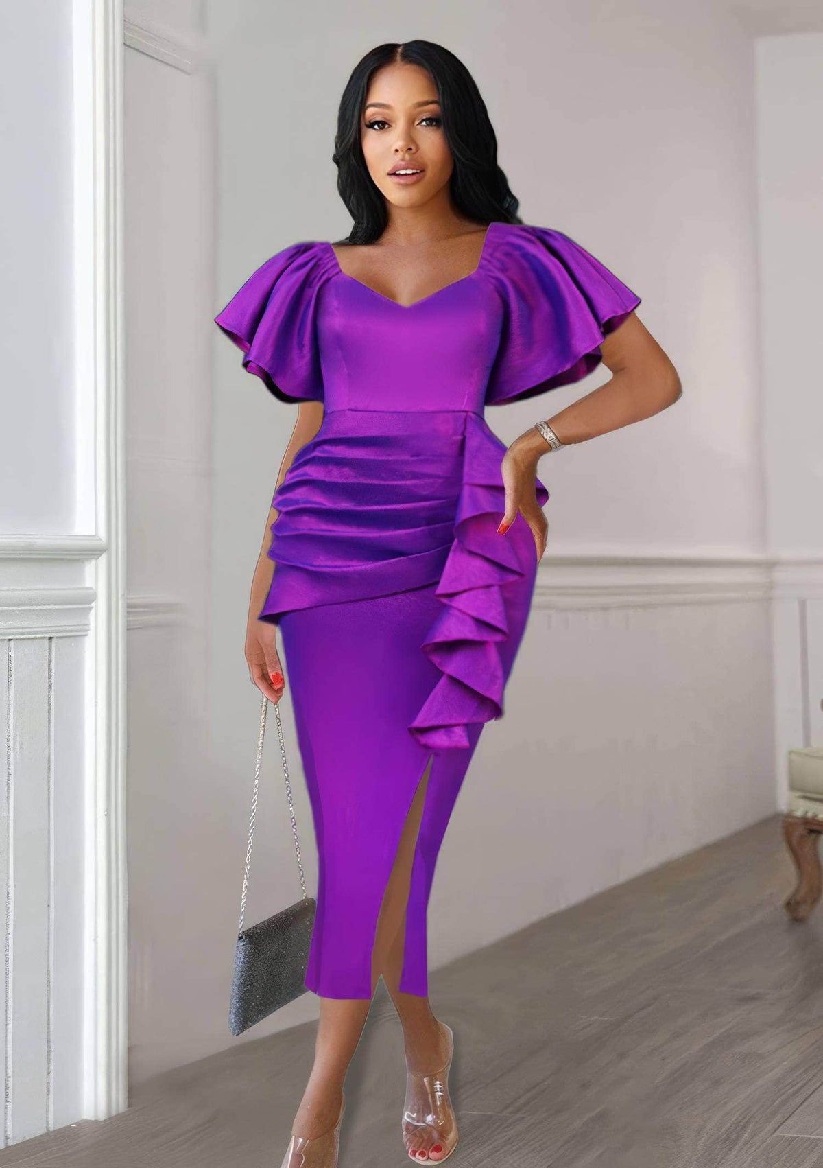 V-Neck Ruffle Sleeves Pleated Side Slit Dress