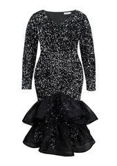 V-Neck Sequin Mermaid Dress with Flounce Sleeves