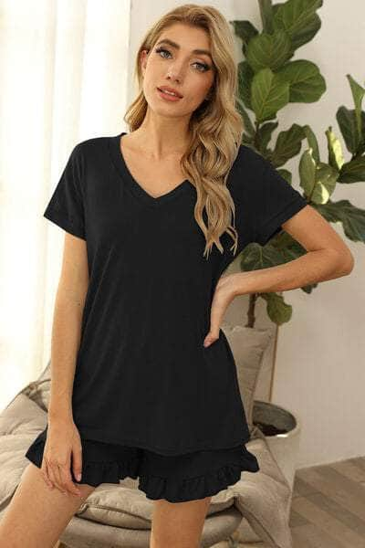 V-Neck Short Sleeve Top and Drawstring Shorts Lounge Set Black / S