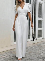 V-Neck Short Sleeve Wide Leg Jumpsuit