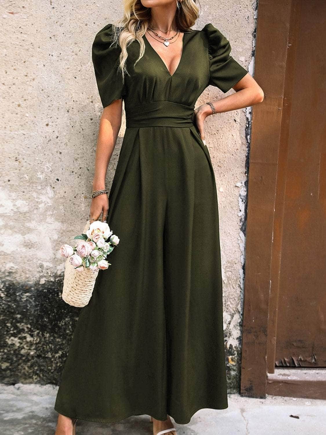V-Neck Short Sleeve Wide Leg Jumpsuit Army Green / S