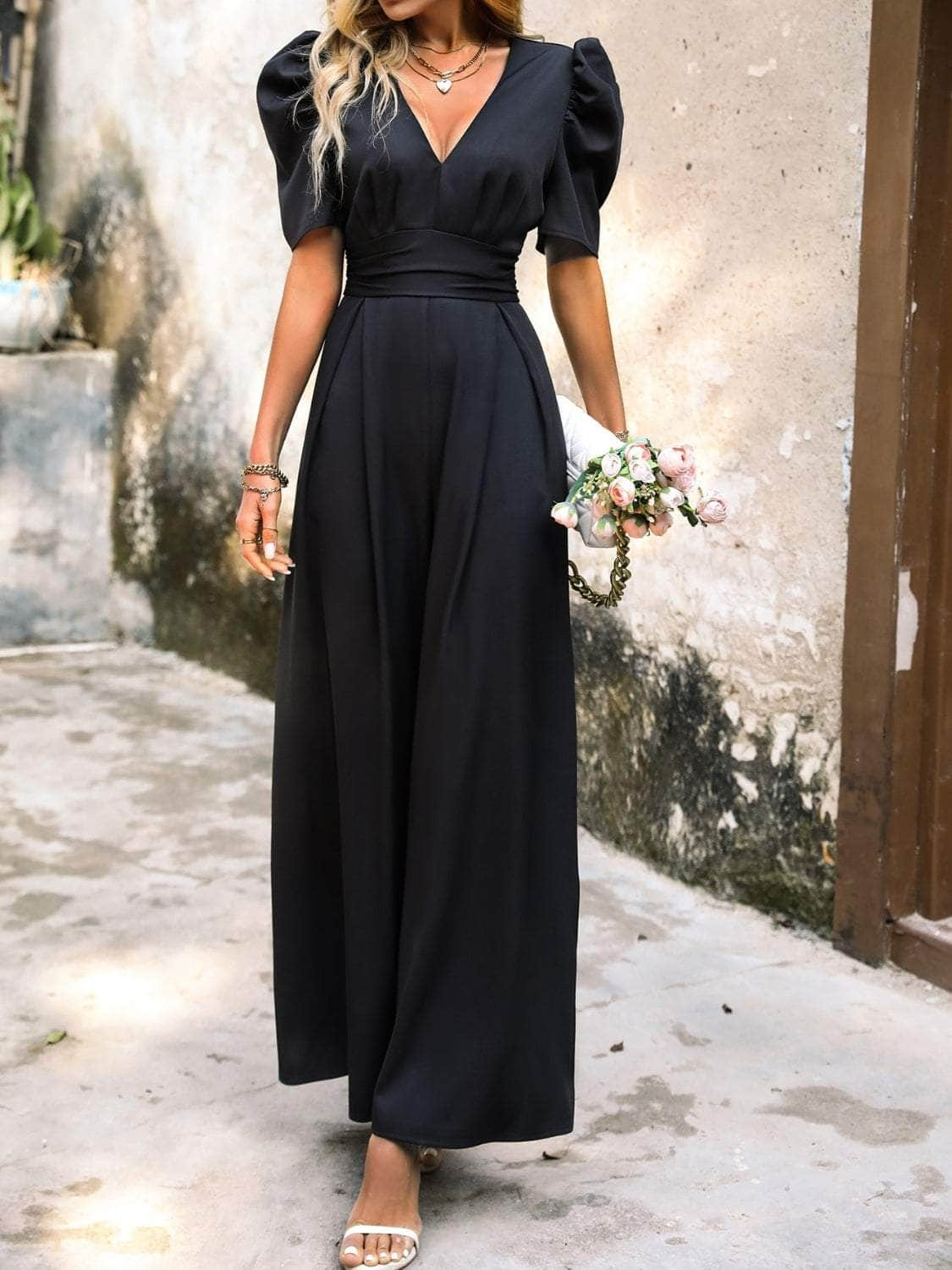 V-Neck Short Sleeve Wide Leg Jumpsuit Black / S