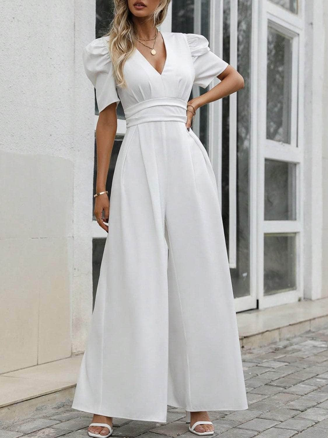 V-Neck Short Sleeve Wide Leg Jumpsuit White / S