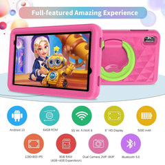 VASOUN Kids Tablet 8 Inch - Android 13 Quad Core, 8GB RAM, 64GB ROM, 5000mAh, Dual Camera, WiFi, Parental Control