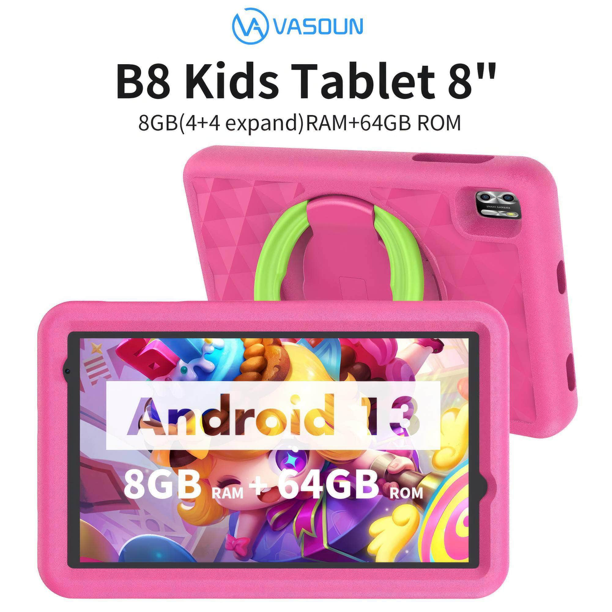 VASOUN Kids Tablet 8 Inch - Android 13 Quad Core, 8GB RAM, 64GB ROM, 5000mAh, Dual Camera, WiFi, Parental Control