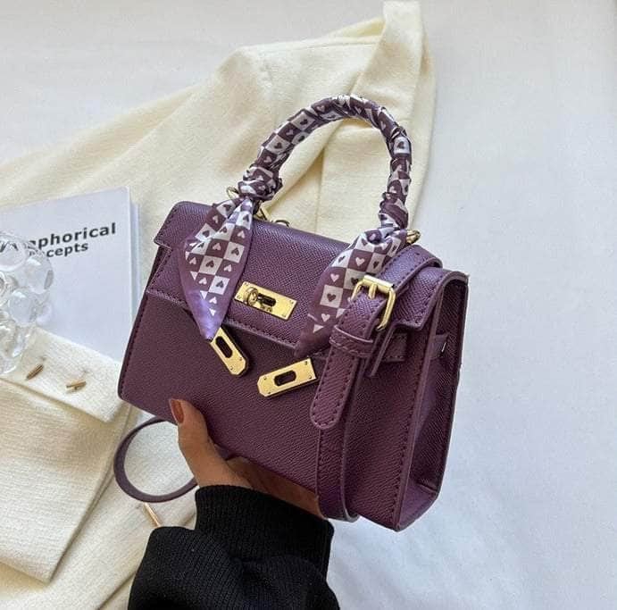 Vegan Leather Shoulder Bag with Scarf Embellishment Purple