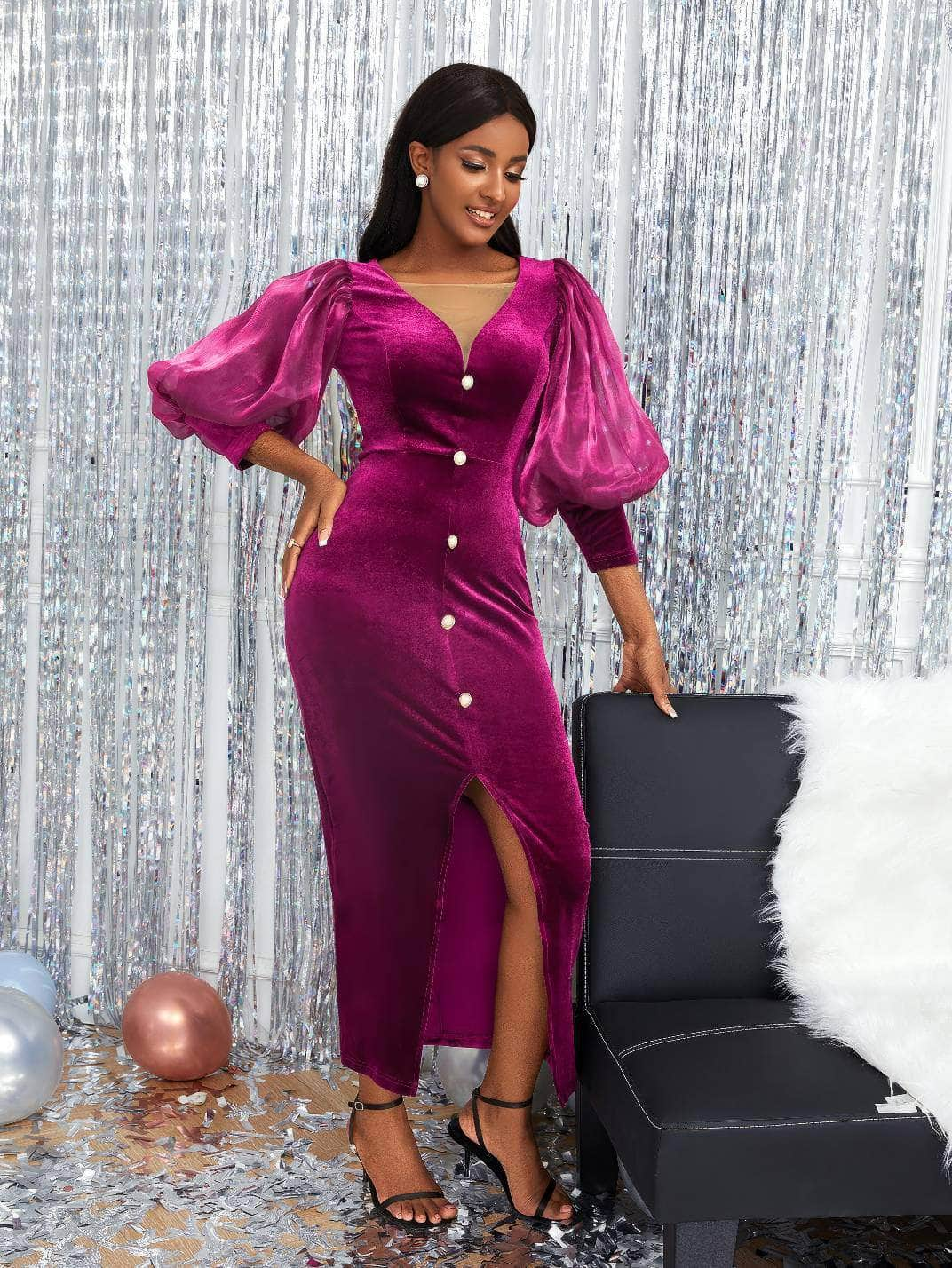 Velvety Buttoned Down Flounce Sleeves Slit Dress