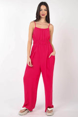 VERY J Pintuck Detail Woven Sleeveless Jumpsuit Hot Pink / S