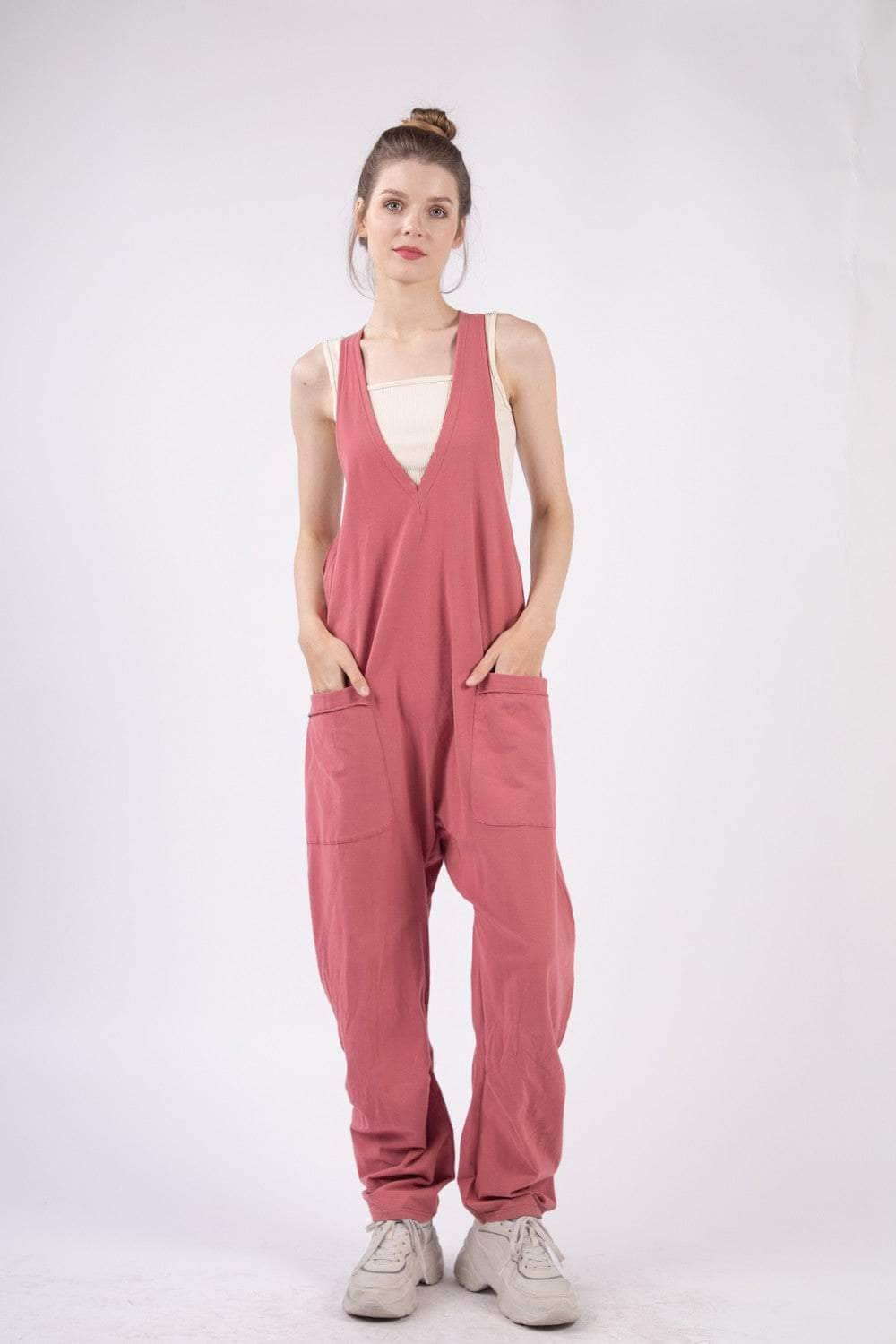 VERY J  Plunge Sleeveless Jumpsuit with Pockets Brick / S