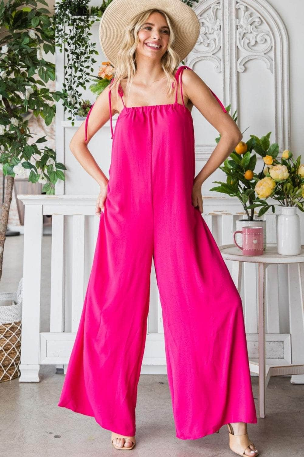 Veveret Pocketed Spaghetti Strap Wide Leg Jumpsuit FUCHSIA / S