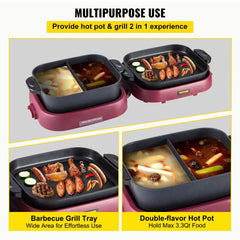 VEVOR 2 in 1 Electric Hot Pot BBQ Grill - 2000W Multifunction, Portable Home Foldable, Non-Stick Split Pot for Smokeless Barbecue