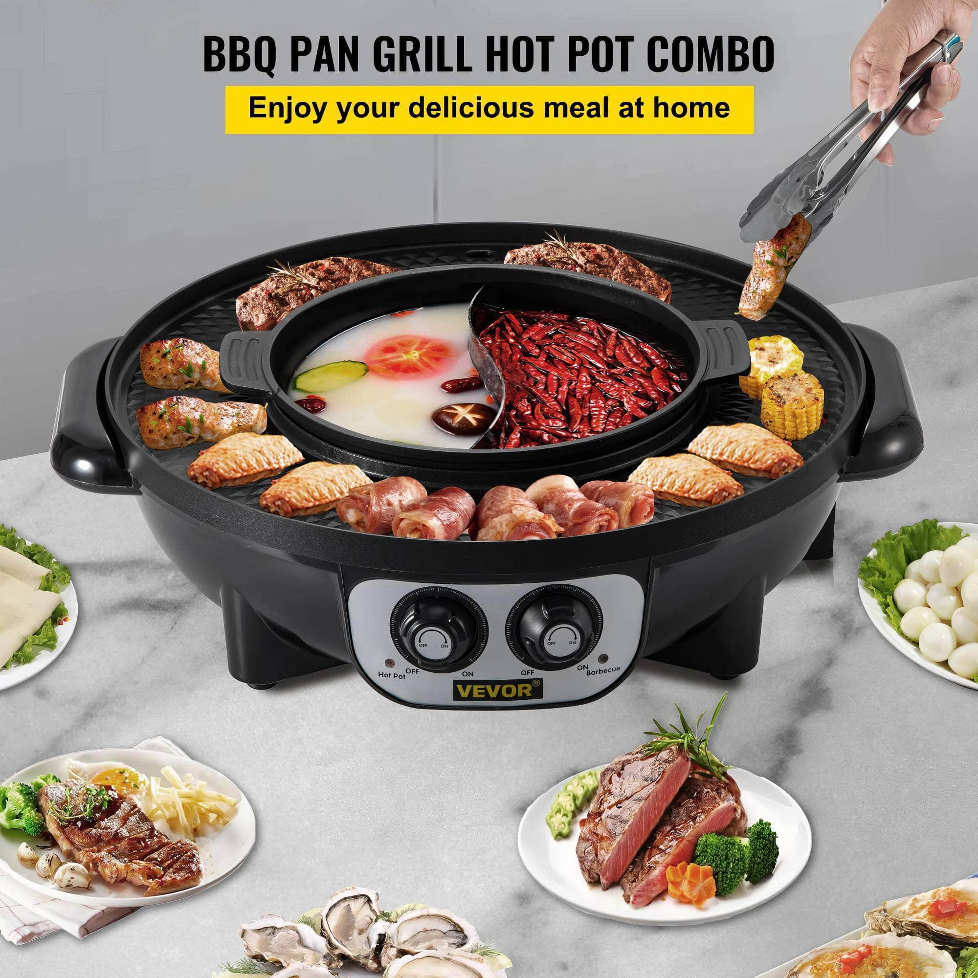 VEVOR 2 in 1 Electric Hot Pot BBQ Grill - 2200W Multifunction, Portable Non-Stick, Split Pot for Home, Smokeless Skillet Barbecue Pan