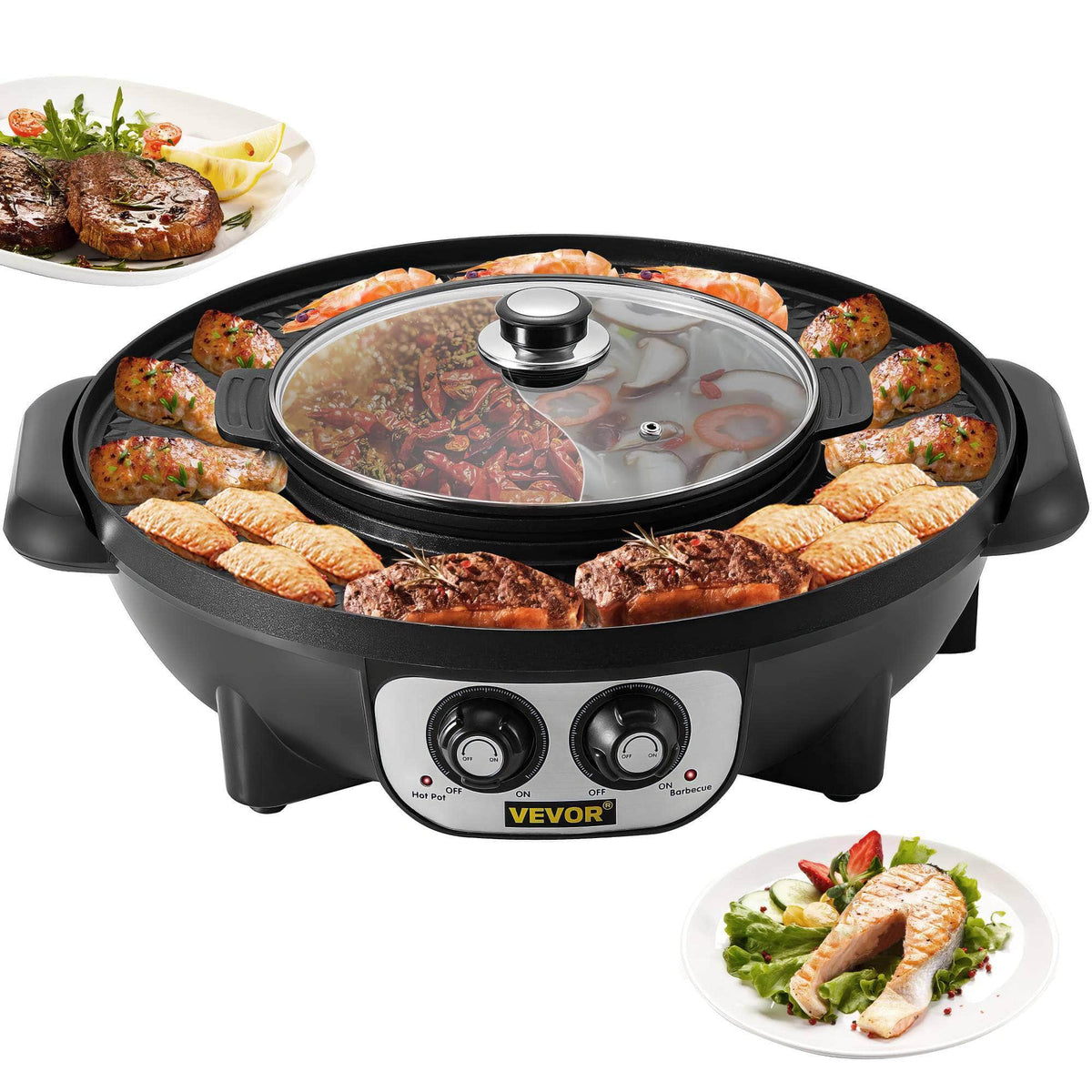 VEVOR 2 in 1 Electric Hot Pot BBQ Grill - 2200W Multifunction, Portable Non-Stick, Split Pot for Home, Smokeless Skillet Barbecue Pan