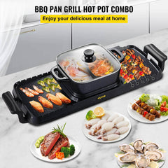 VEVOR 2in1 Electric BBQ Pan Grill Hot Pot - 2400W Multifunction, Portable Smokeless Nonstick, Detachable Barbecue Plate for Home
