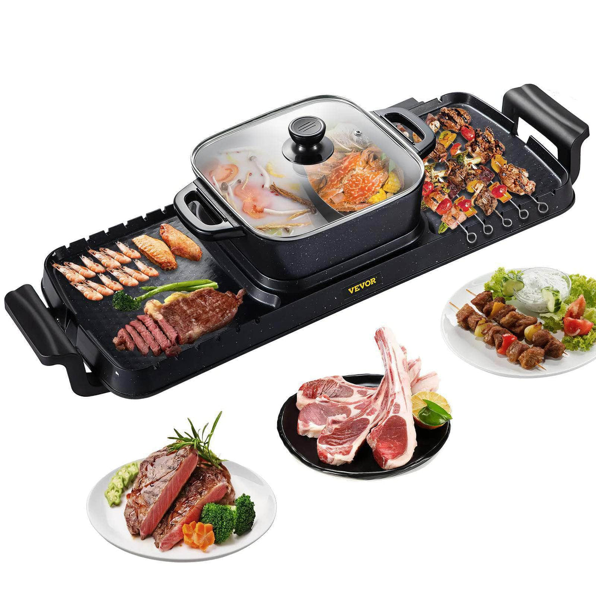 VEVOR 2in1 Electric BBQ Pan Grill Hot Pot - 2400W Multifunction, Portable Smokeless Nonstick, Detachable Barbecue Plate for Home United States