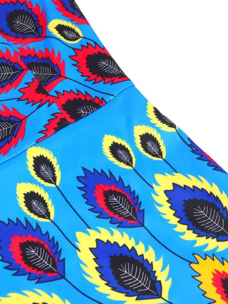 Vibrant Feather Print Cutout Flounce Midi Dress