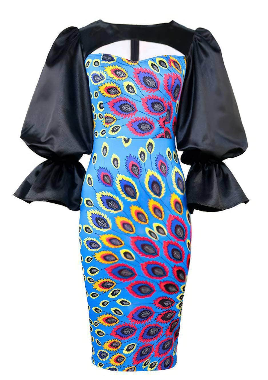 Vibrant Feather Print Cutout Flounce Midi Dress