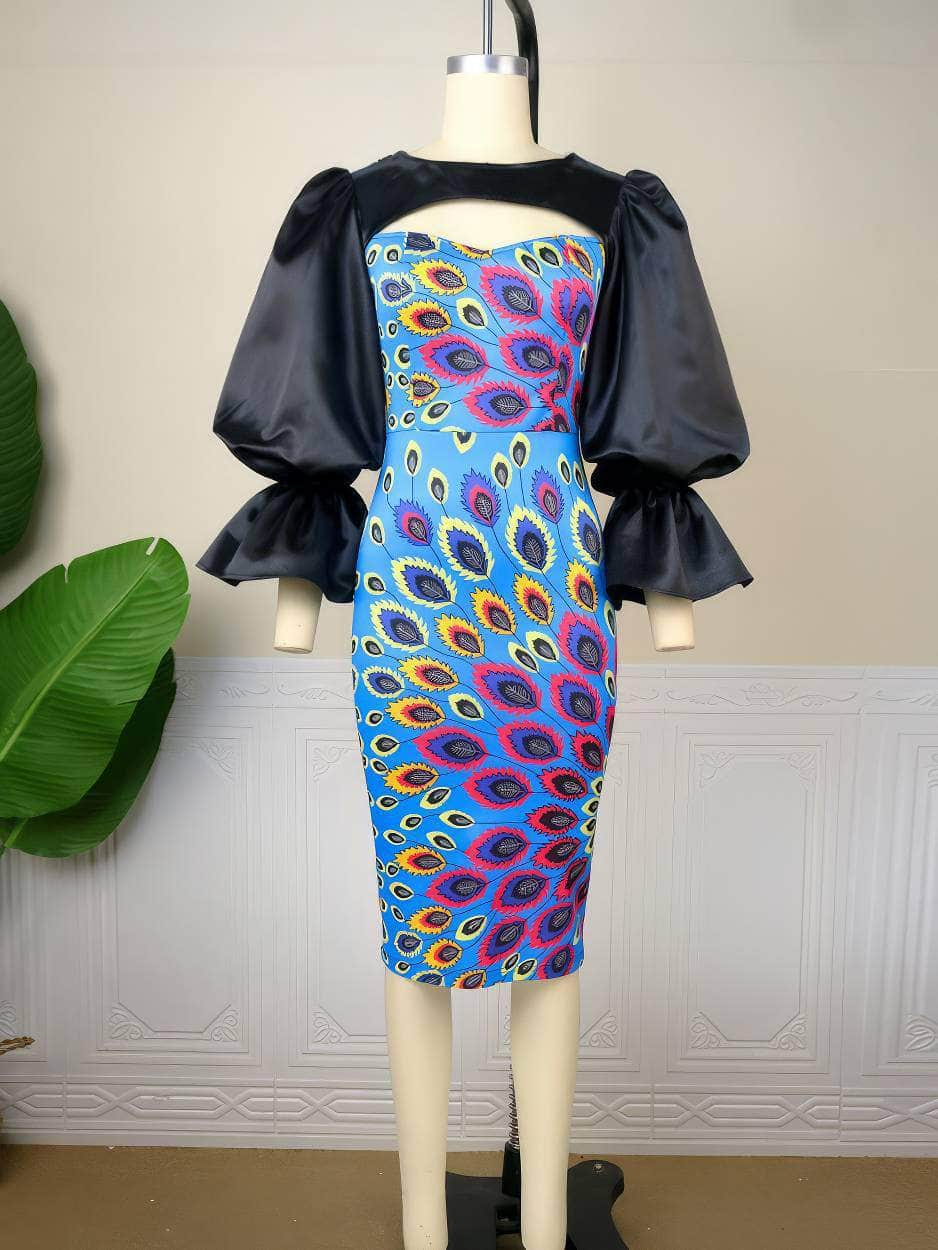 Vibrant Feather Print Cutout Flounce Midi Dress