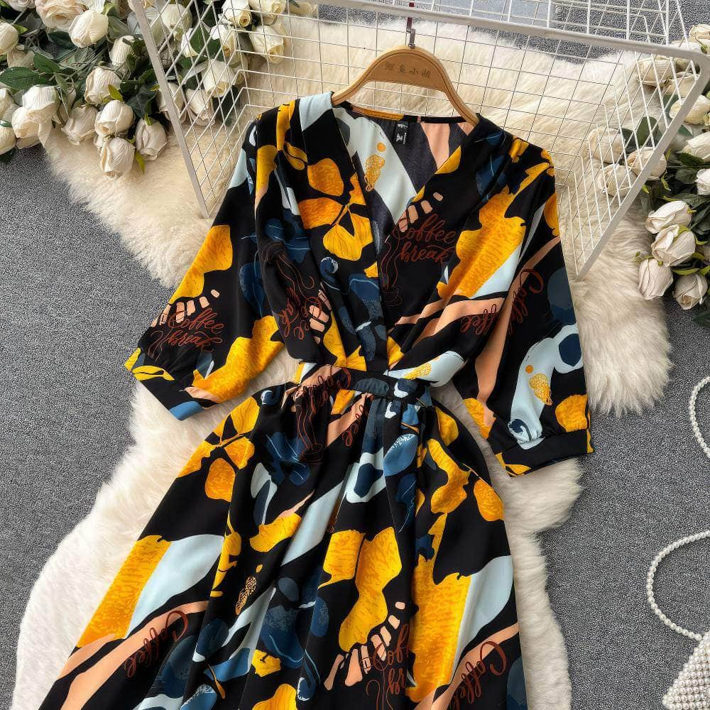 Vibrant Floral Midi Sleeves Wrap Dress