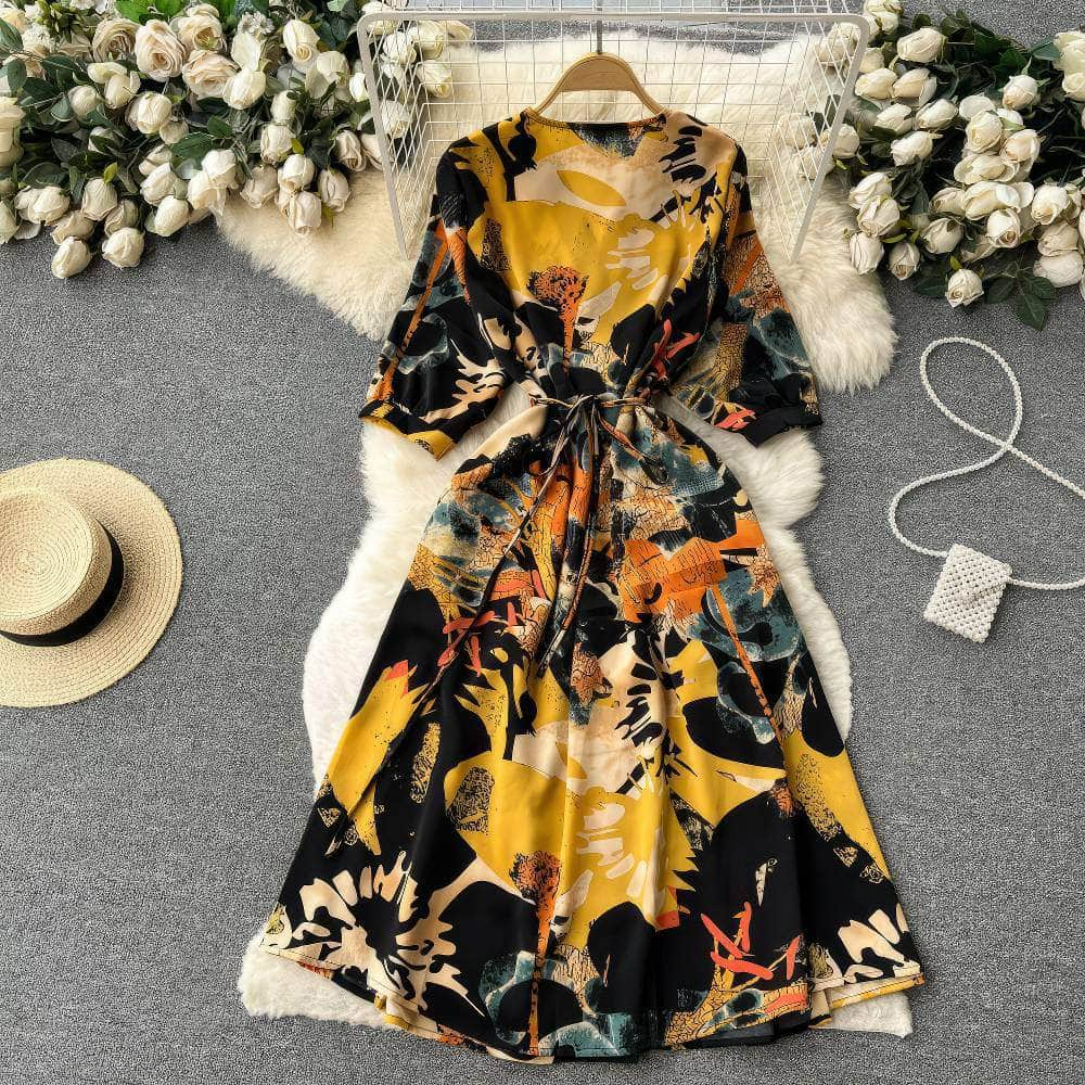 Vibrant Floral Midi Sleeves Wrap Dress