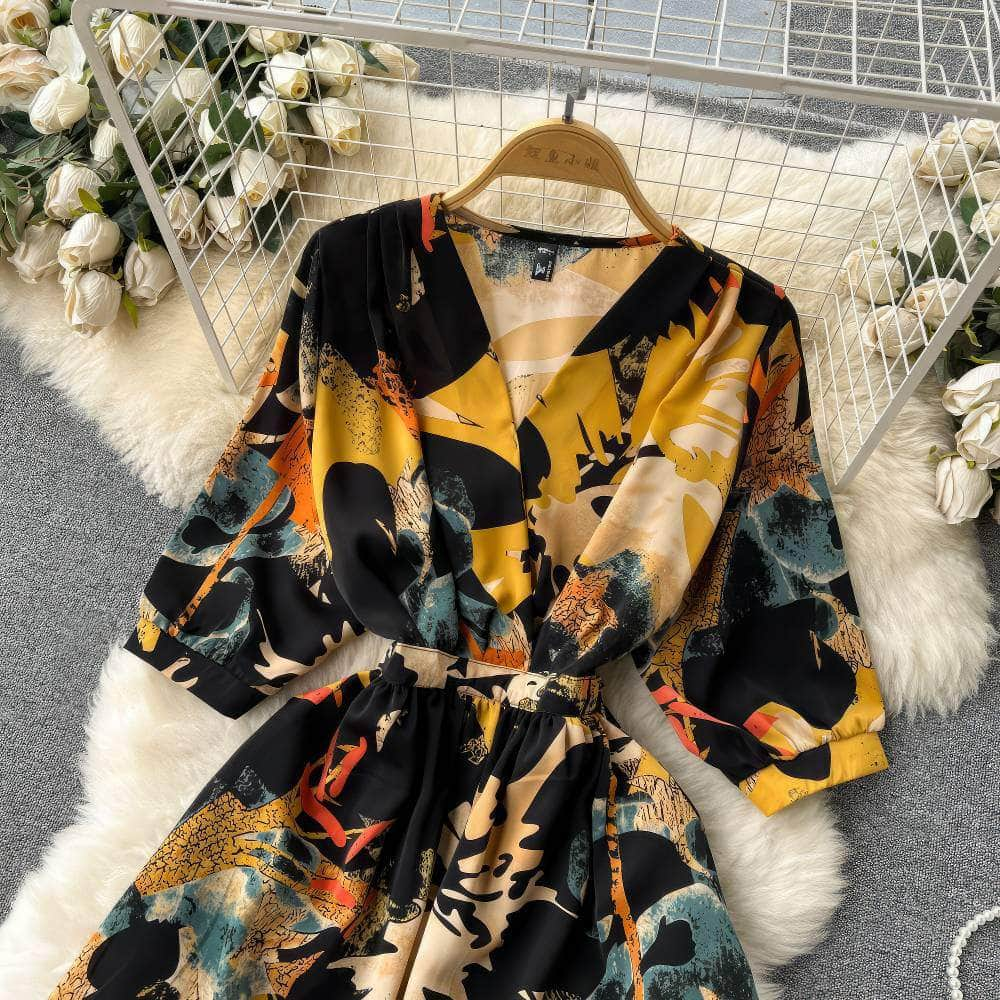 Vibrant Floral Midi Sleeves Wrap Dress