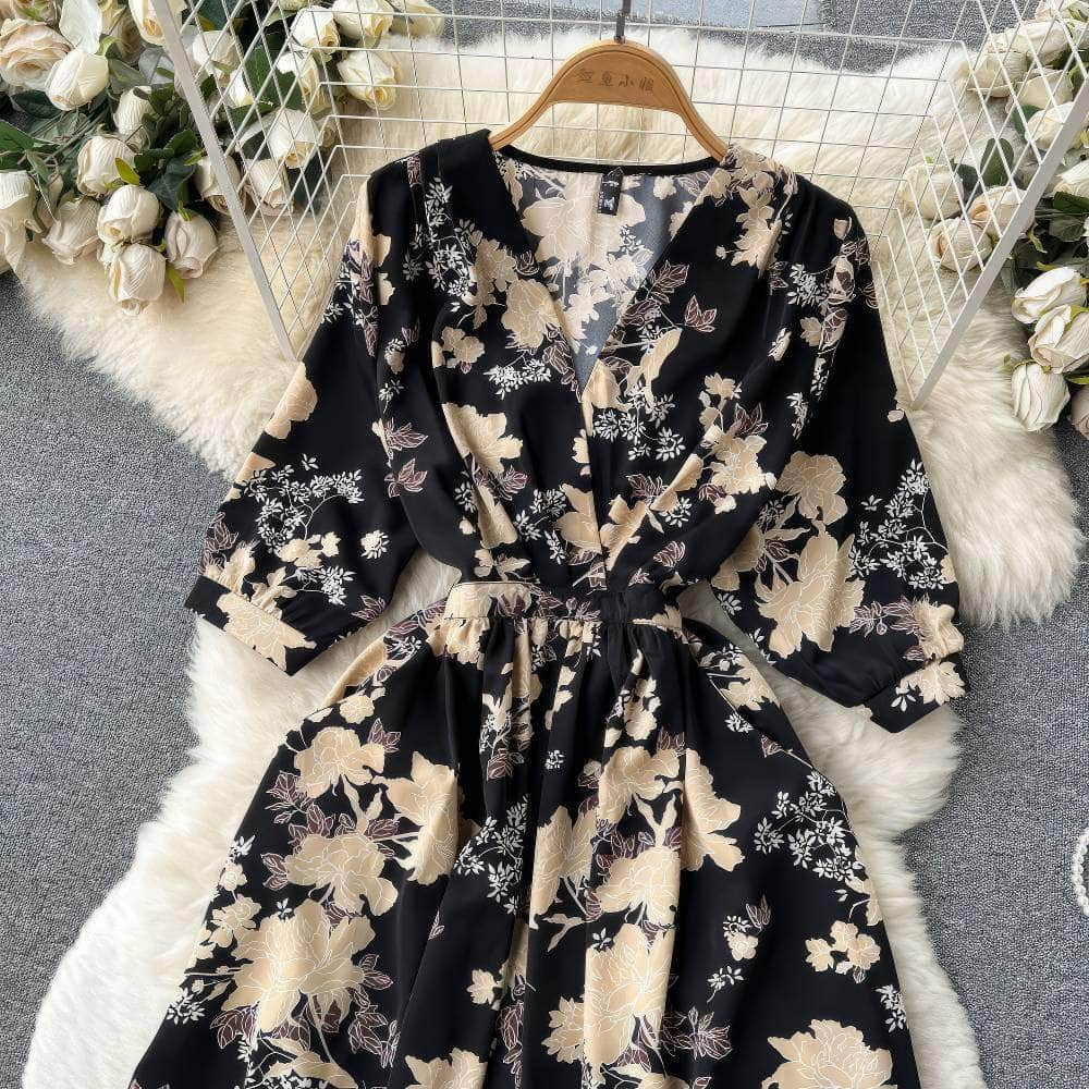 Vibrant Floral Midi Sleeves Wrap Dress