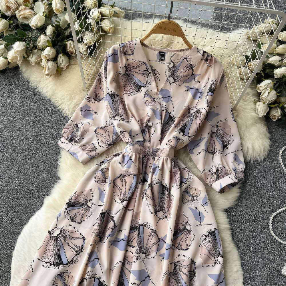 Vibrant Floral Midi Sleeves Wrap Dress