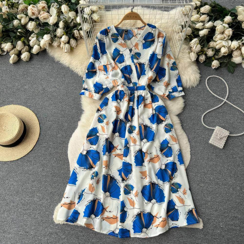 Vibrant Floral Midi Sleeves Wrap Dress MAX SIZE / Elegant Rose Garden