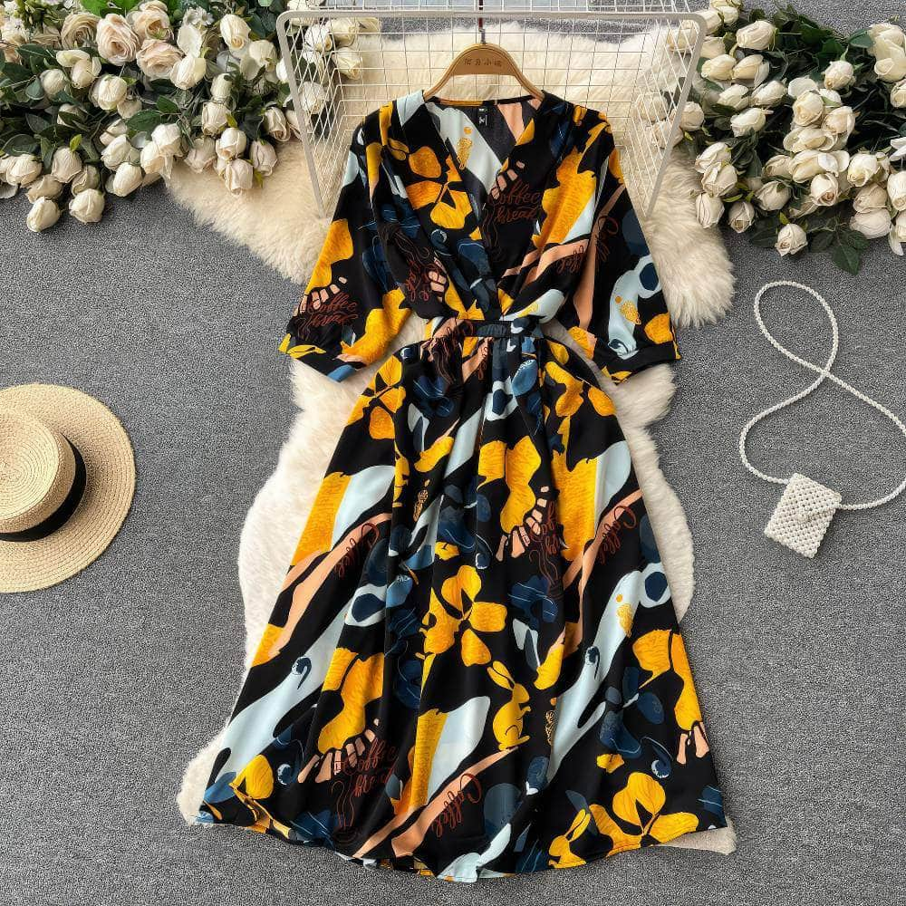 Vibrant Floral Midi Sleeves Wrap Dress MAX SIZE / Watercolor Wildflowers