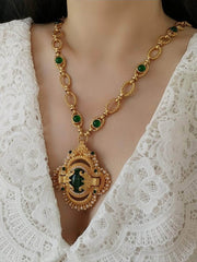 Victorian Pendant Link Chain Gemstone Statement Necklace Green / Necklace