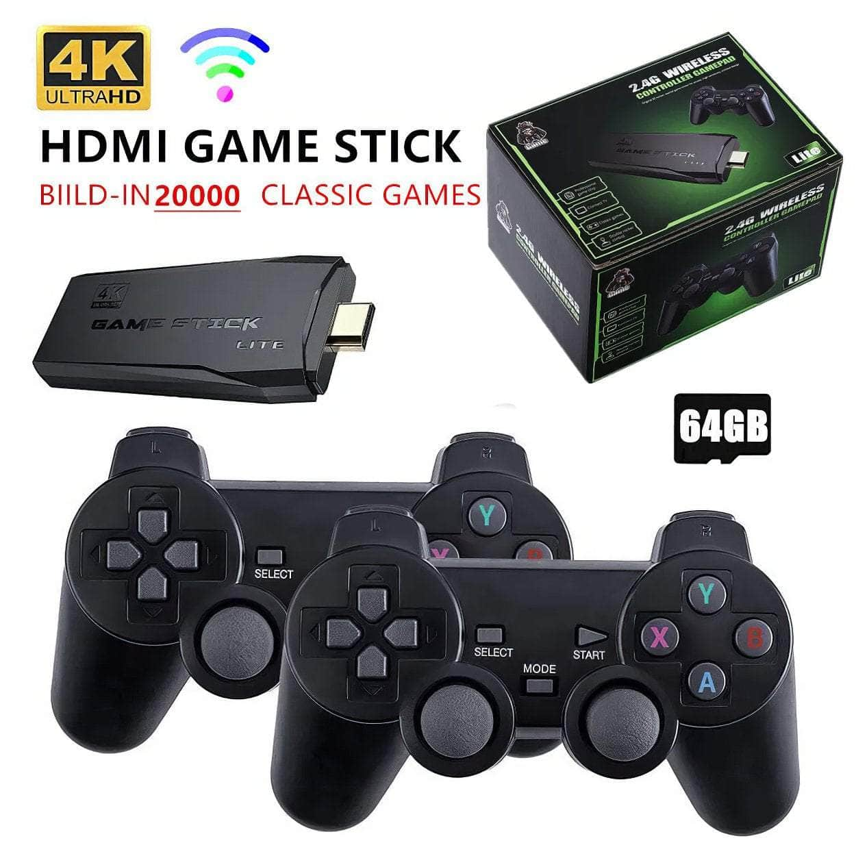 Video Game Console - 2.4G Double Wireless Controller, Game Stick, 4K, 20,000 Games, 64GB/32GB Retro Games