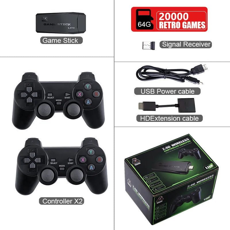Video Game Console - 2.4G Double Wireless Controller, Game Stick, 4K, 20,000 Games, 64GB/32GB Retro Games 64GB 20000game