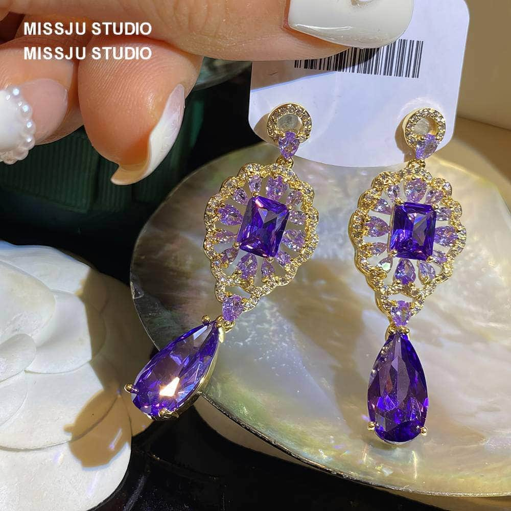 Vintage Amethyst Crystal Dangle Statement Earrings Purple