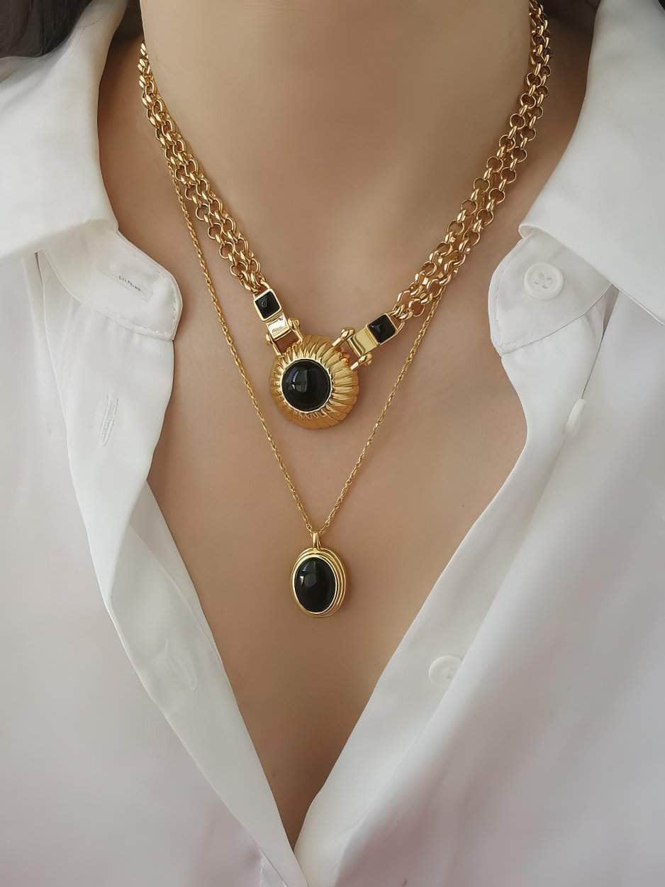 Vintage Black Agate Double Layer Pendant Jewlery Set