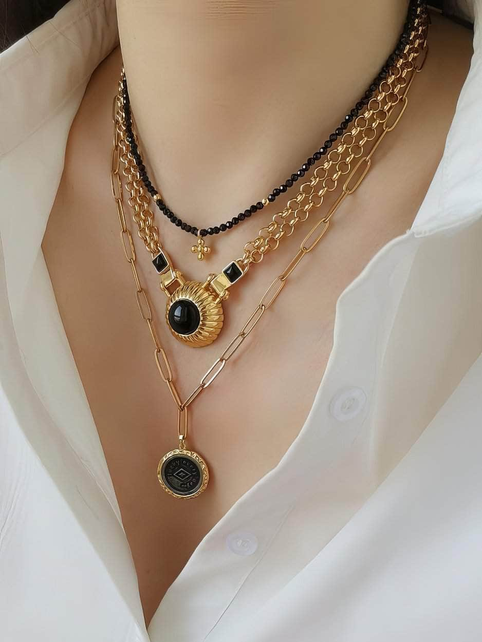 Vintage Black Agate Double Layer Pendant Jewlery Set