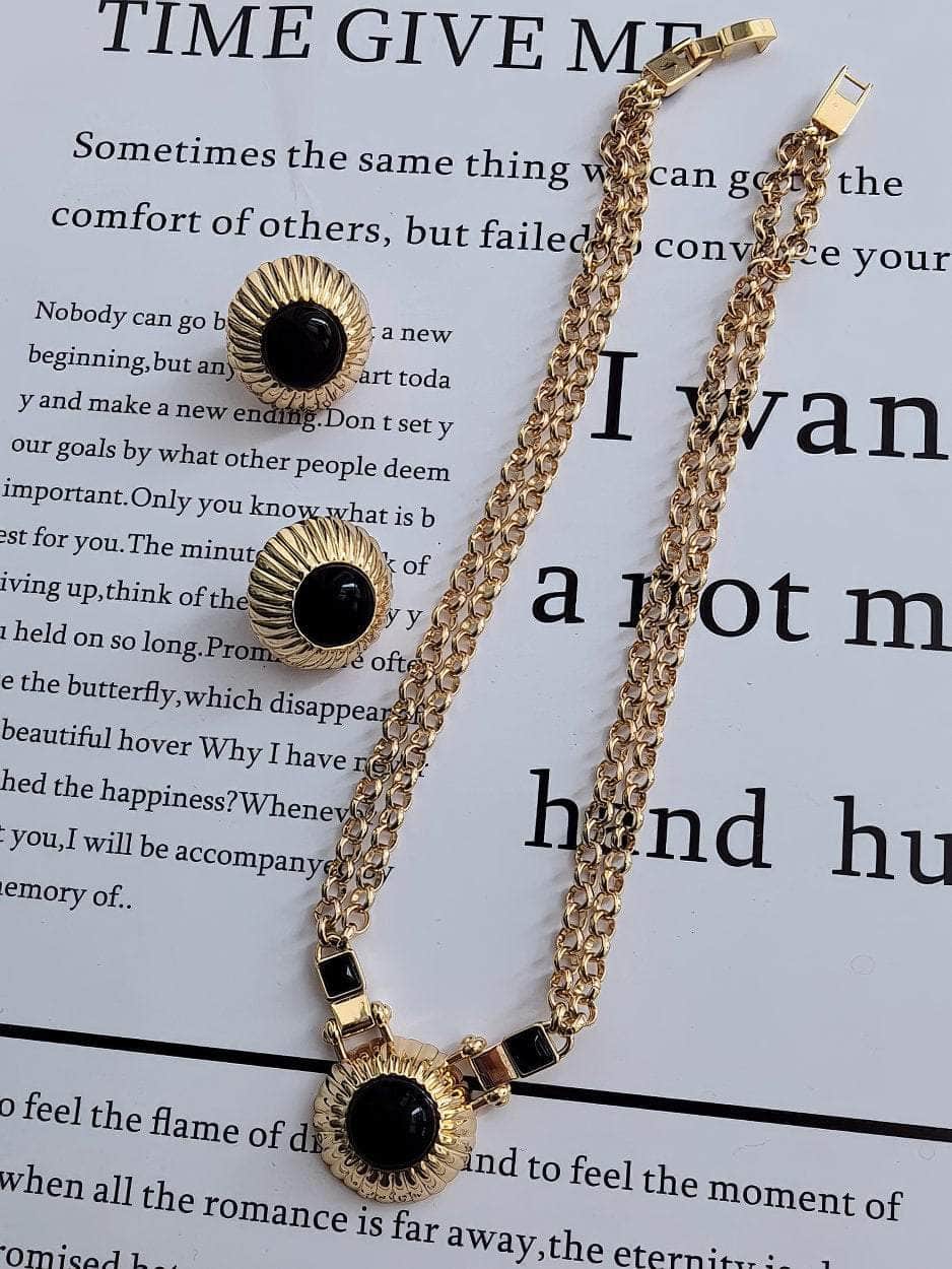 Vintage Black Agate Double Layer Pendant Jewlery Set Gold / Bracelet
