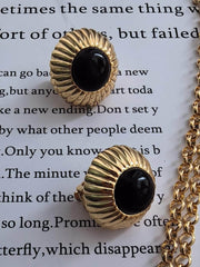 Vintage Black Agate Double Layer Pendant Jewlery Set Gold / Earrings
