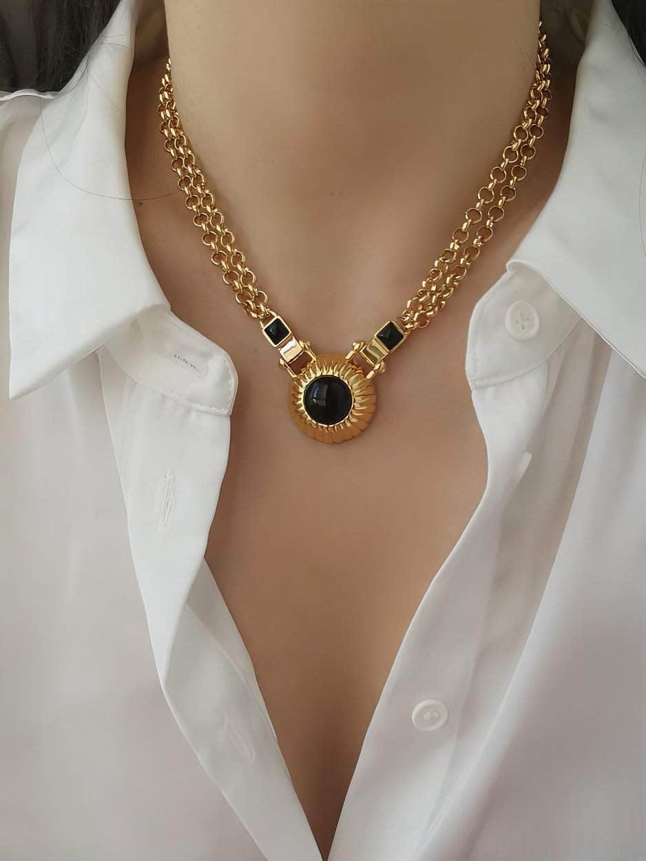 Vintage Black Agate Double Layer Pendant Jewlery Set Gold / Necklace