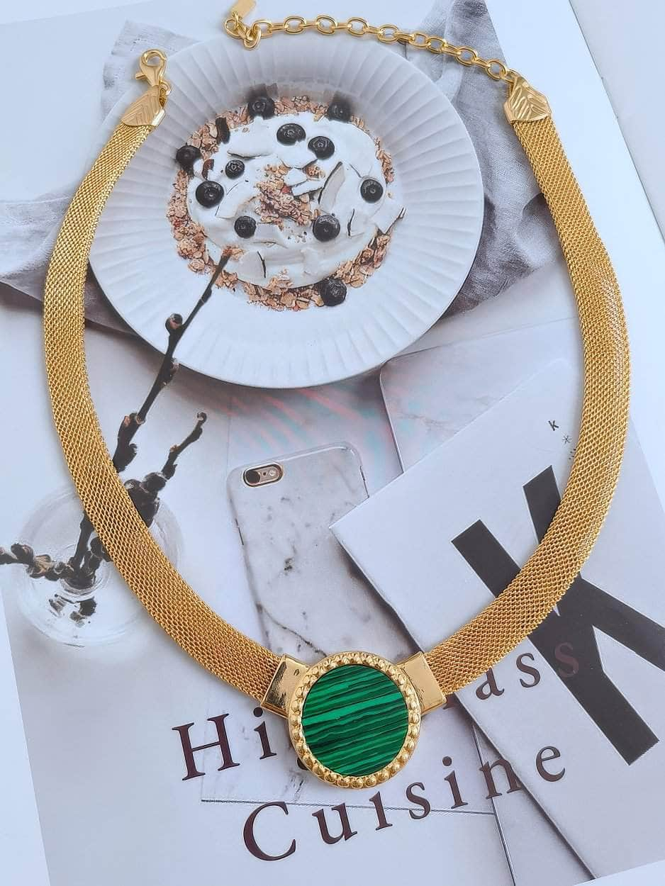 Vintage Green Pendant Link Chain Gold Statement Necklace Green