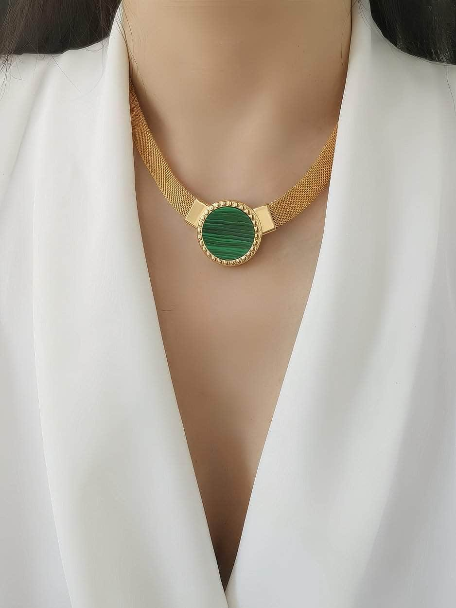 Vintage Green Pendant Link Chain Gold Statement Necklace Green