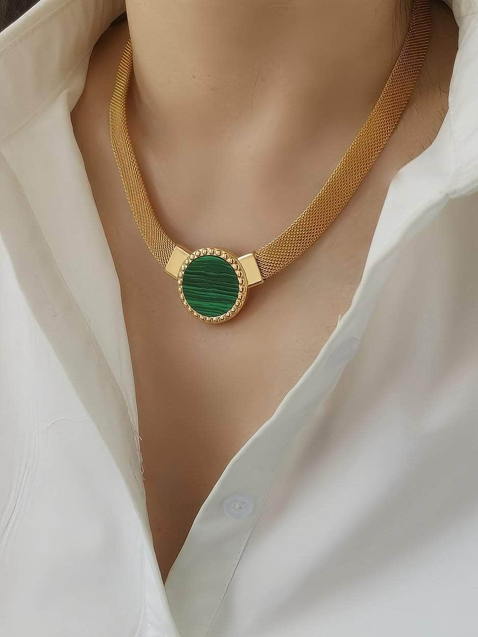 Vintage Green Pendant Link Chain Gold Statement Necklace Green