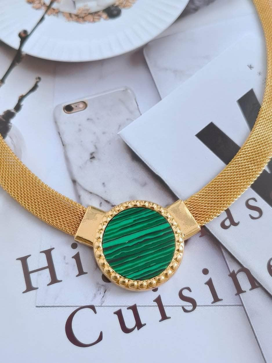 Vintage Green Pendant Link Chain Gold Statement Necklace Green