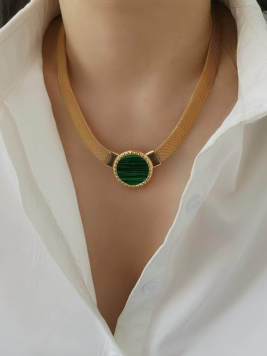 Vintage Green Pendant Link Chain Gold Statement Necklace Green