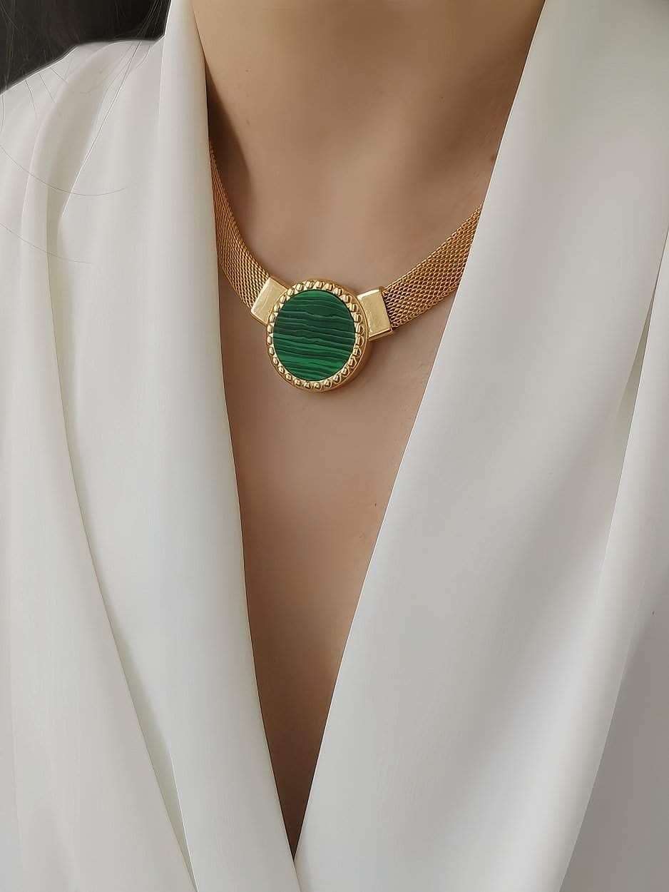 Vintage Green Pendant Link Chain Gold Statement Necklace Green