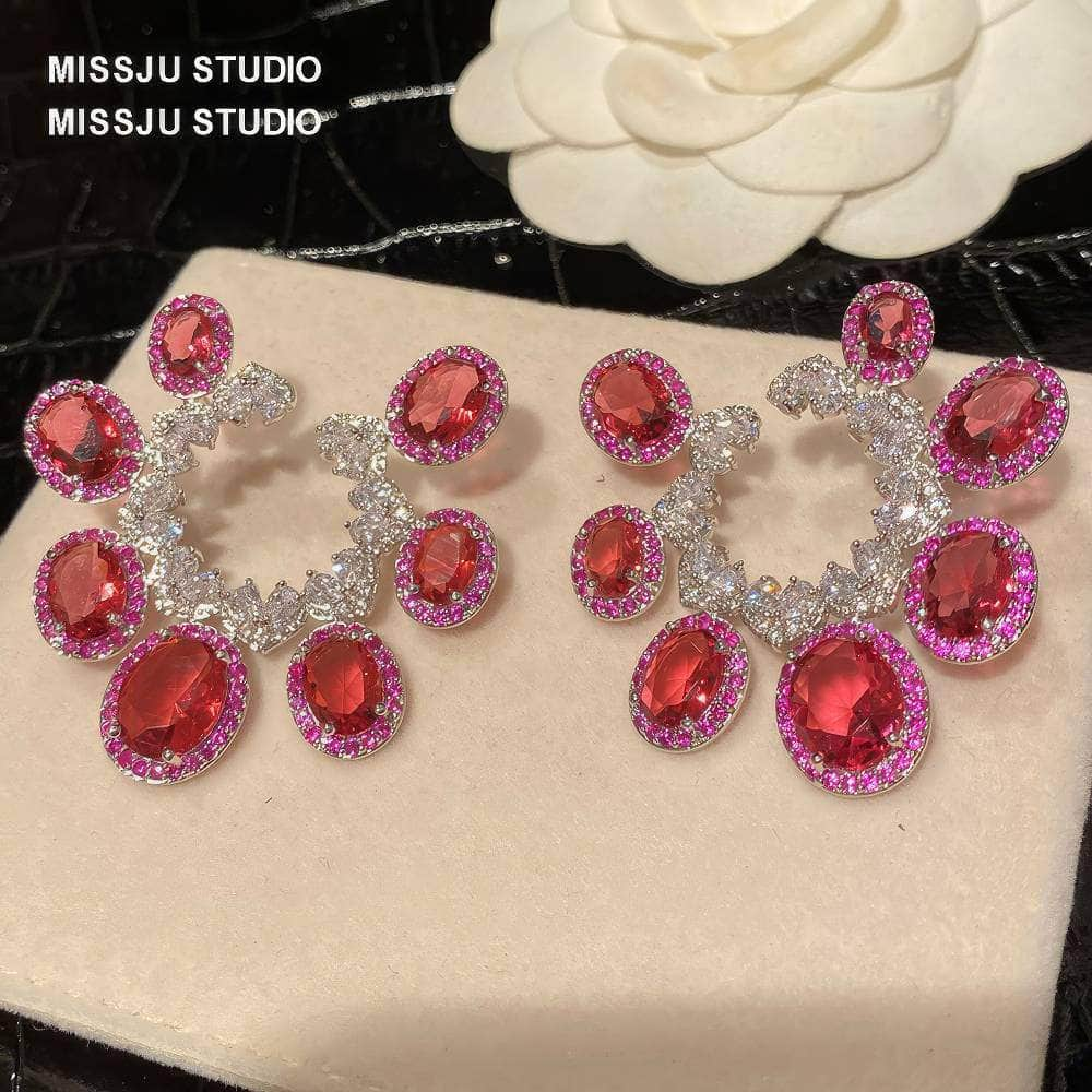 Vintage Irregular Shaped Pink Crystals Statement Earrings DeepPink