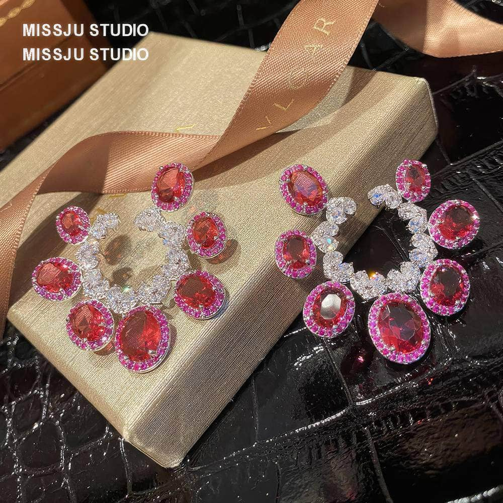 Vintage Irregular Shaped Pink Crystals Statement Earrings DeepPink