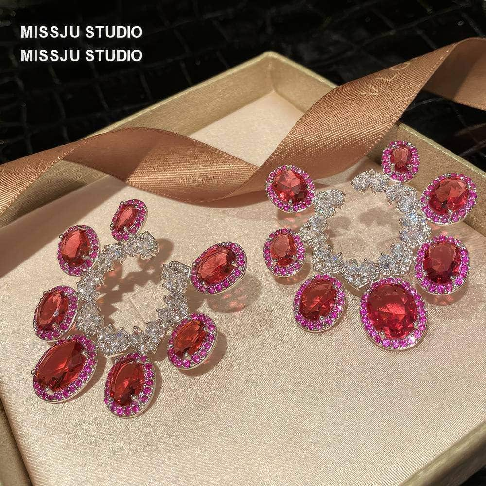 Vintage Irregular Shaped Pink Crystals Statement Earrings DeepPink